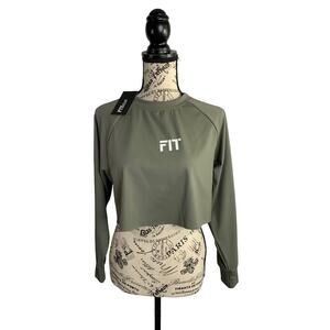 FITWEAR Women's Large Blouse Olive Green Cropped Top Long Sleeves Stretch NEW